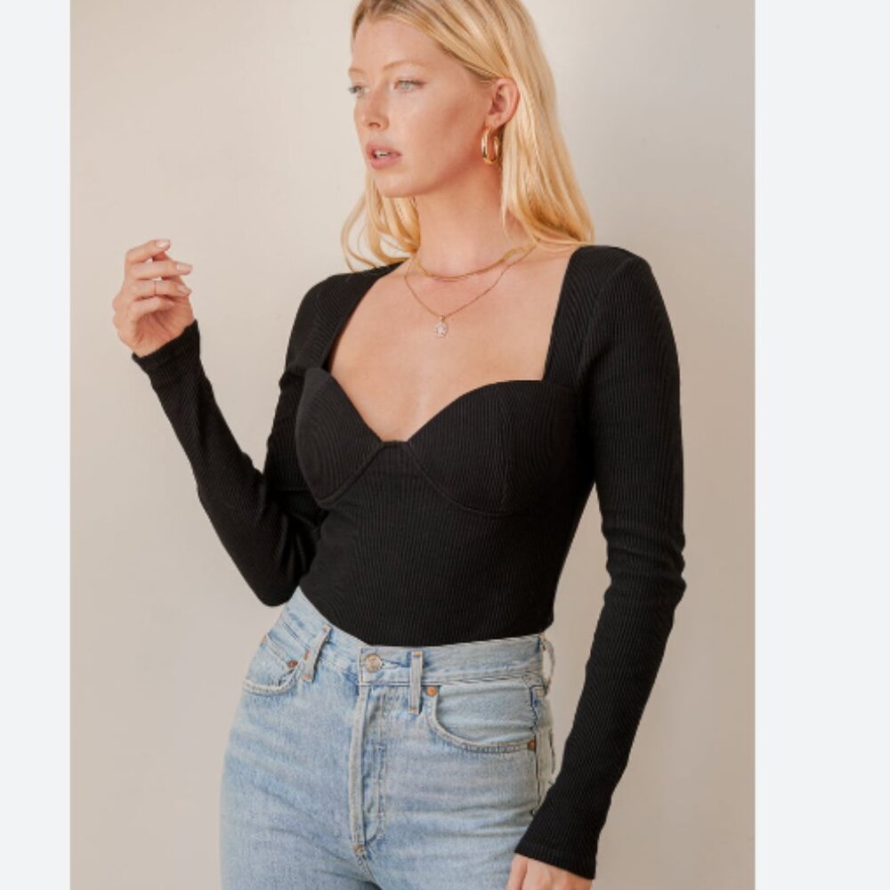 LULUS Bustier Ribbed Long Sleeve Bodysuit Black Size Small NWT